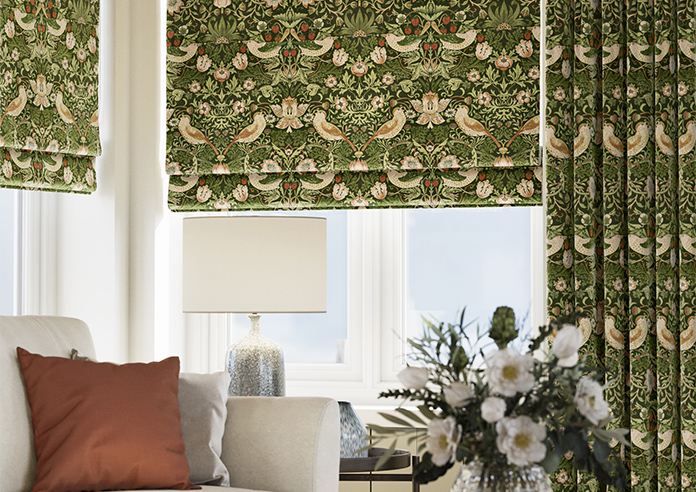 William Morris At Home Strawberry Thief Velvet, Nettle - Roman Blind - Image 5